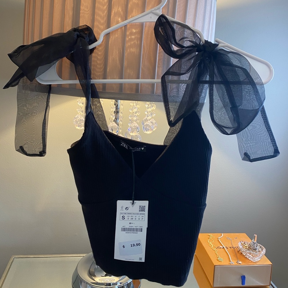 Zara Black Ribbed Crop Top with Bows on Straps